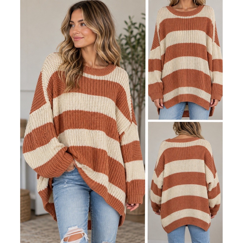 Easel Los Angeles Sweater M Oversized Rust Cream Striped High Low Boho Knit